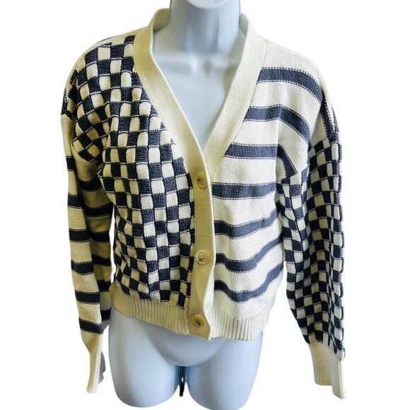 moon & madison Sweaters - Moon & Madison checker stripe knit cardigan sweater cream navy M cozy Y2K